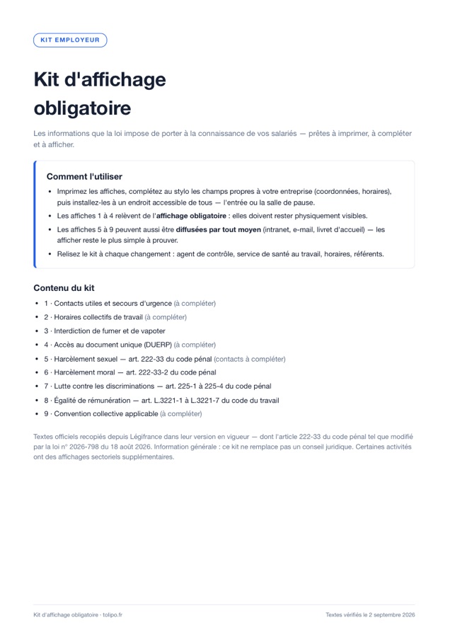 Couverture du kit d'affichage obligatoire Tolipo, 9 affiches A4